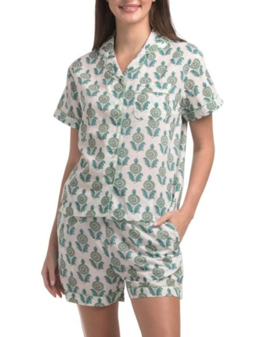 NWT CRAFTED BY MAHOGANY 2pc 100% Cotton Green Stamp Pajama Top and Shorts Set